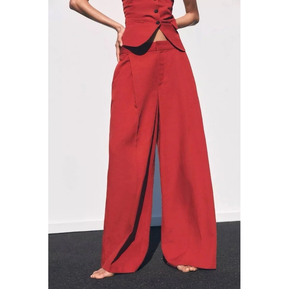 Zara Red Double Pleat Wide Leg Linen Blend Pants XS Costal Autumn Chic Lagenlook